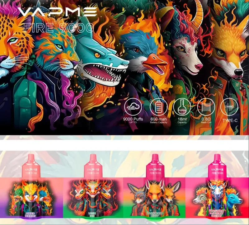 Vapme Fire 9000 Puffs Wholesale Disposable Vape Pen with 18 Flavors 650mAh 18ml Pre-Filled 0% 2% 3% 5% Nicotine RGB Light 1